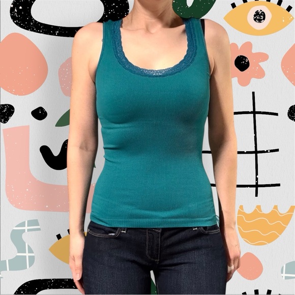 Energie Tops - Energie | Y2K Teal Blue Lace Trim Thick Stretch Compression Tank Top
